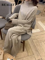 Autumn Winter 2 Pieces Women Sets Knitted Tracksuit 2023 New Turtleneck Sweater and Wide Leg Jogging Pant Pullover Suits 1