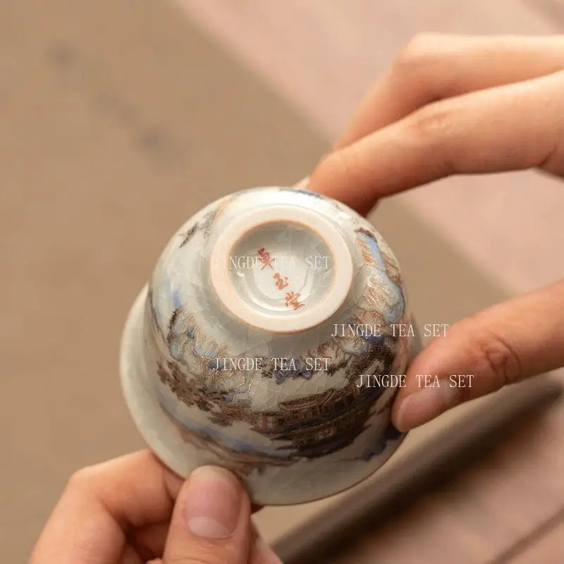 Ceramic Teacup Ru Kiln Embroidered River and Mountain Tea Cup Chinese Household High-end Master Cup Tea Set Drinking Utensils