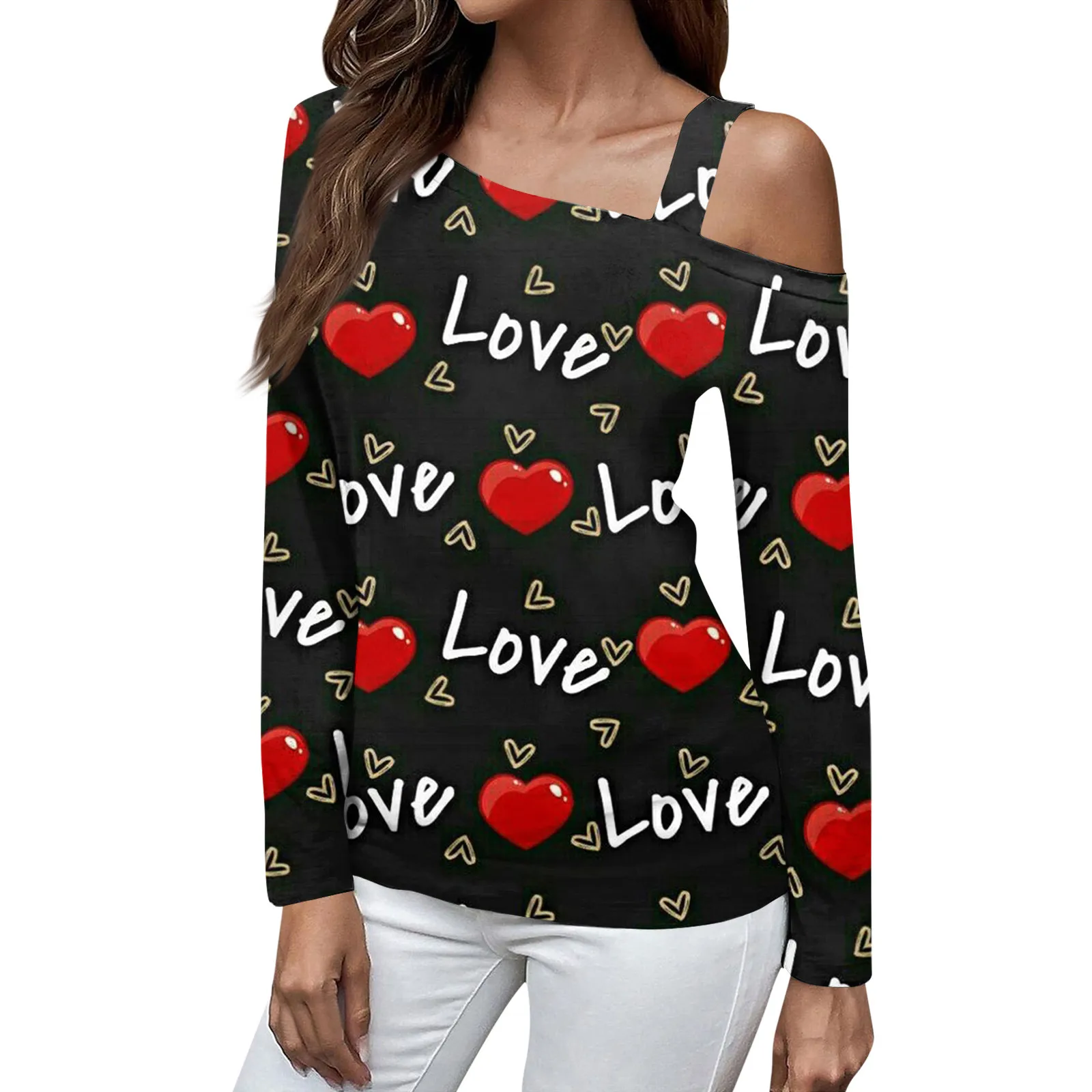 

Women Black Love Heart Sweet Valentine Fashion Short Sleeve Print T Shirt Tee Basic Clothing Summer Top Graphic T-Shirt Clothes