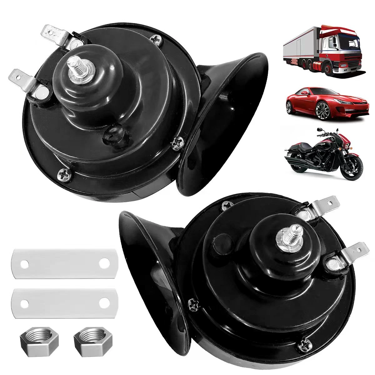 Car Horn 24V Double Horn for Trucks Trains Motorcycles Electric Snails Black