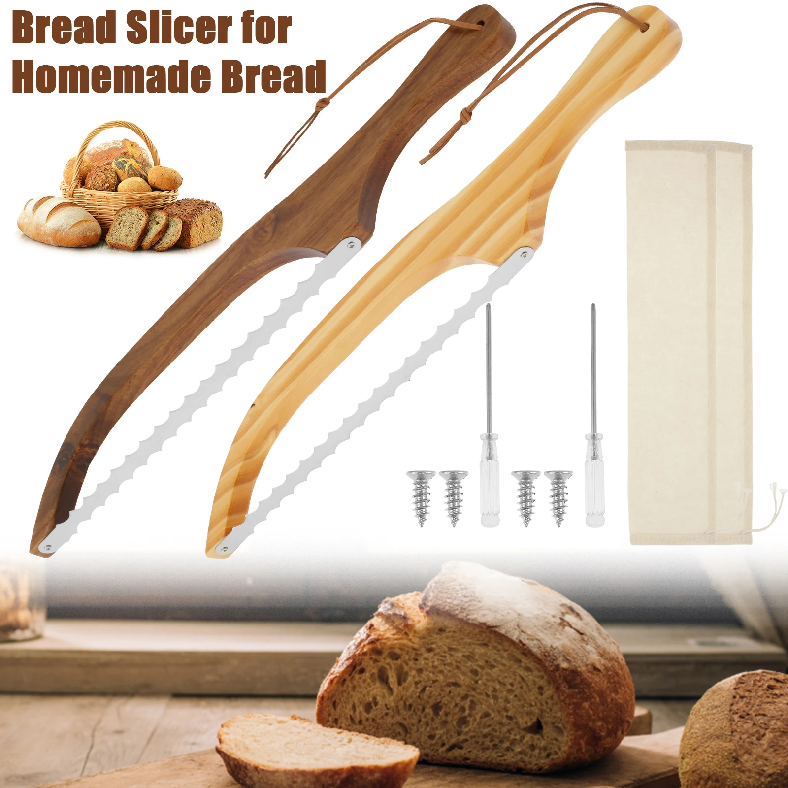 Wooden Bread Bow Knife Serrated Bread Bow Cutter Stainless Steel Sourdough Knife Professional Cake Cutting baking tool baking accessories