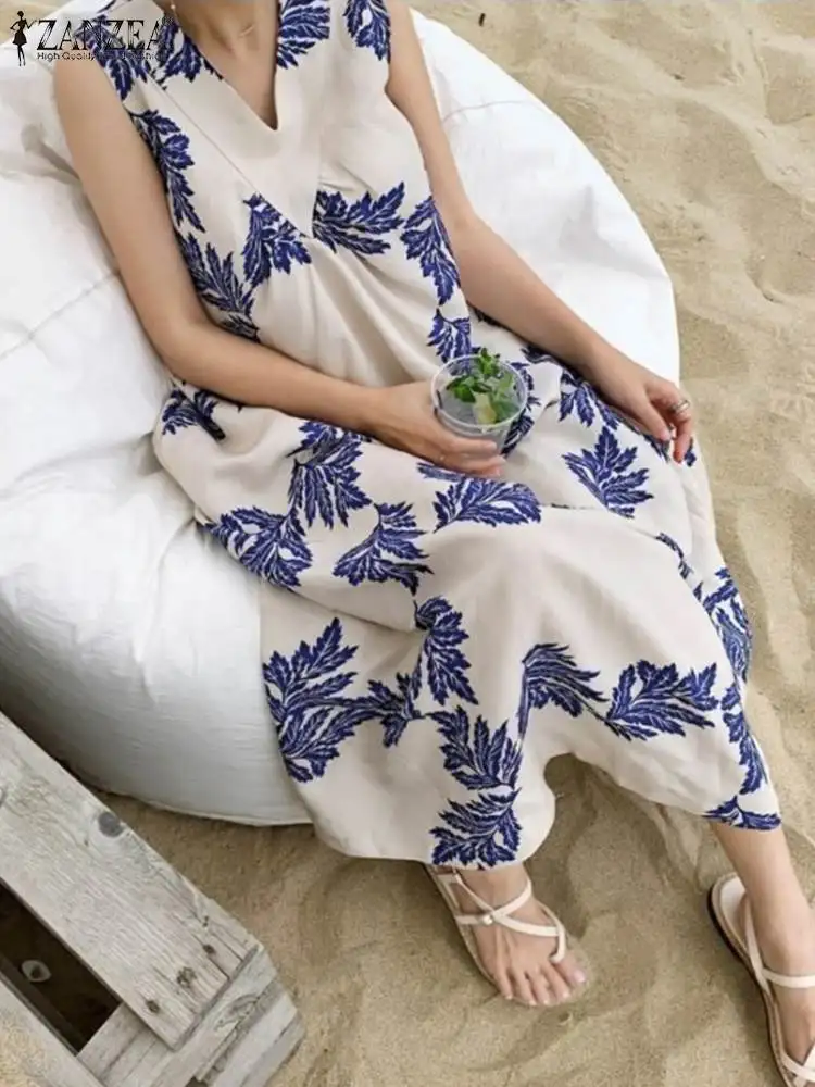 

ZANZEA Fashion Bohemian Long Dresses Women Oversize Tank Dress Sleeveless Loose Maxi Sundress V-neck Leaves Printed Holiday Robe