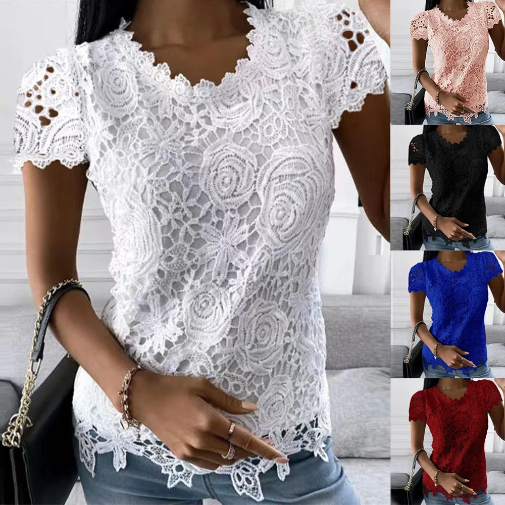 Plus Size Oversized Lace T-Shirt - Casual Round Neck Short Sleeve Top
