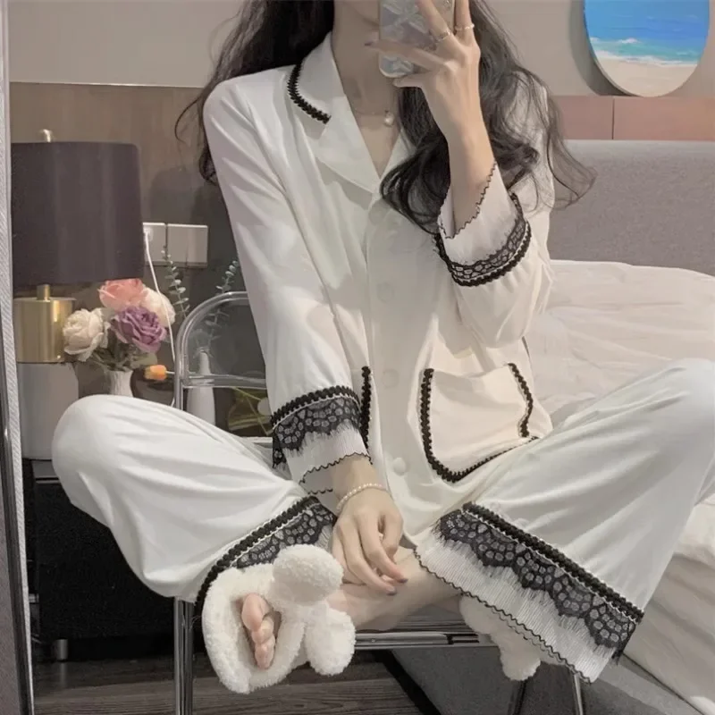 

Autumn New Ins Pajamas Women's Korean Lace Pyajama Woman Set 2 Pieces Long Sleeved Cardigan Loose Pants Home Set Sleepwear
