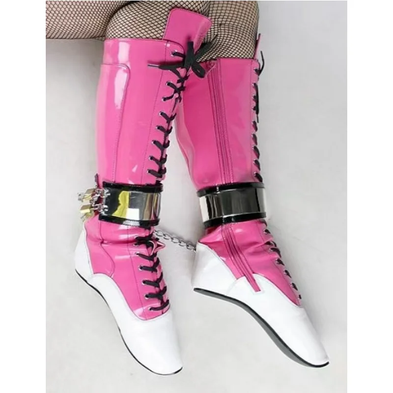 CACA New Custom Queen Ballet Boots,Women's Fetish Booties,Men Cosplay Dance Shoes,Chain Lock SM Botas,18cm,Peach White,