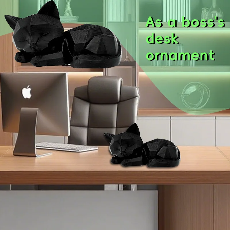 3D Printed White Black Cat Statue - Geometric Modern Room Decor Figurine Sculpture for Home Office Table Shelf Desk Lying Cat 4