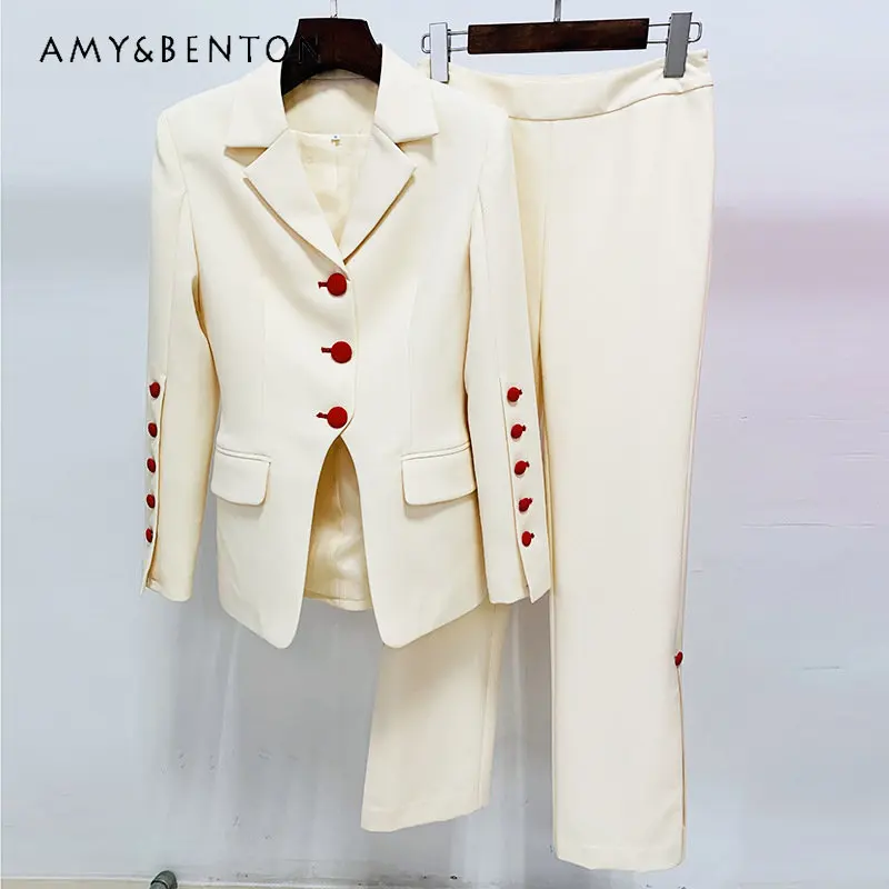 

2023 Spring New Slim-Fitting Long Sleeve Coat Cool Cut Red Button Suit Jacket + Straight Trousers Outfits Two-Piece Set