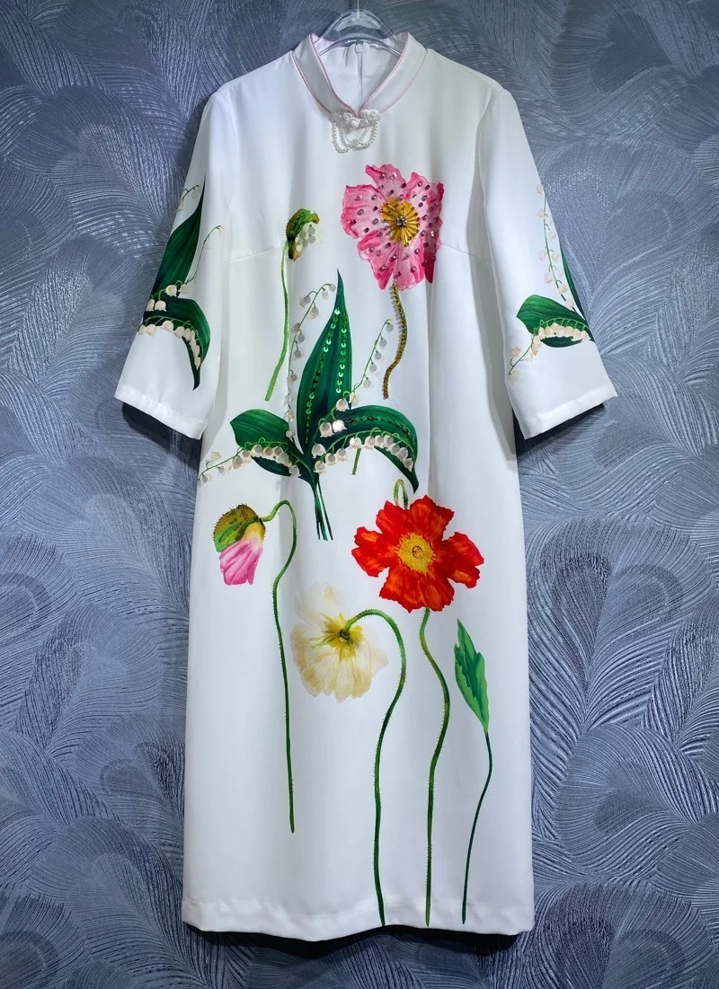 

Top Quality New White Dress 2024 Spring Summer Clothes Women Red Floral Green Leaves Prints Short Sleeve Mid-Calf Length Dress