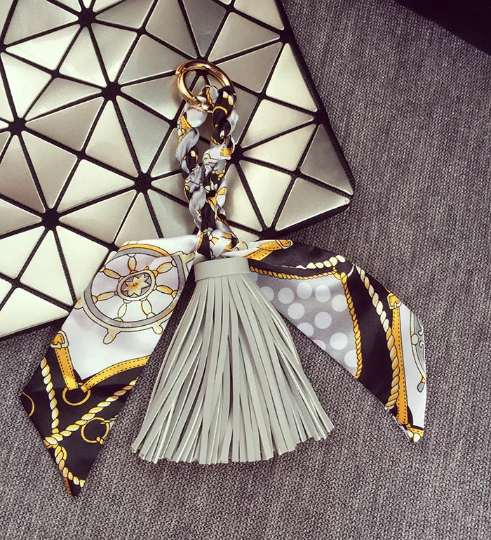 Fringed Leather & Silk Scarf-Inspired Bag Charm with Keychain
