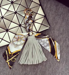 Fringed Leather & Silk Scarf - Inspired Bag Charm with Keychain (Ligte grey)