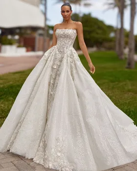 New Arrivals Strapless Neck Lace Up Back Beads Pearls Flowers Appliques Lace A-Line Bridal Wedding Dress Vestido De Novia 1