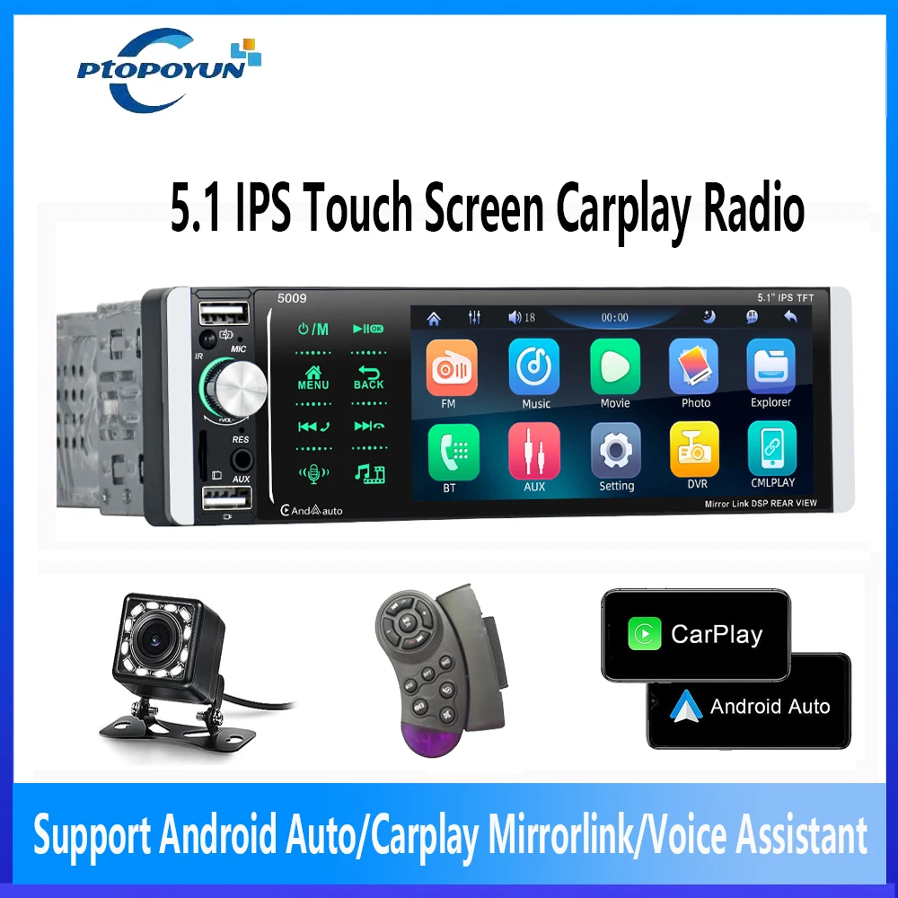 Ptopoyun Single Din Carplay Autoradio 1 Din Con Schermo Da 5 Pollici Android Auto Bluetooth Autoradio Ricevitore Stereo Fm Lettore Mp5