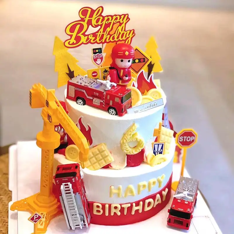 

Fire Truck Fireman Birthday Decoration Firefighter Hero Cake Topper 1st One Year Birthday Party Supplies Kid Baking Lovely Gifts
