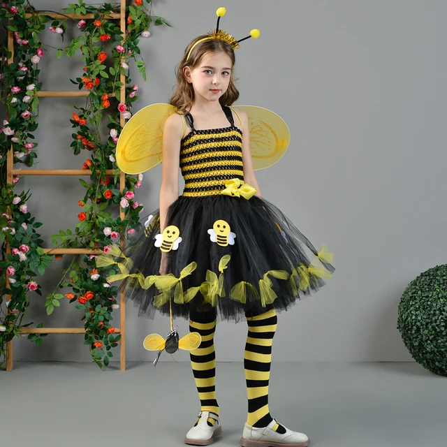 Costume de Cosplay abeille mignon pour enfants filles, robe de princesse sans manches en Tulle, bandeau chauffe-jambes, ensembles d'ailes de baguette pour tout-petits 1