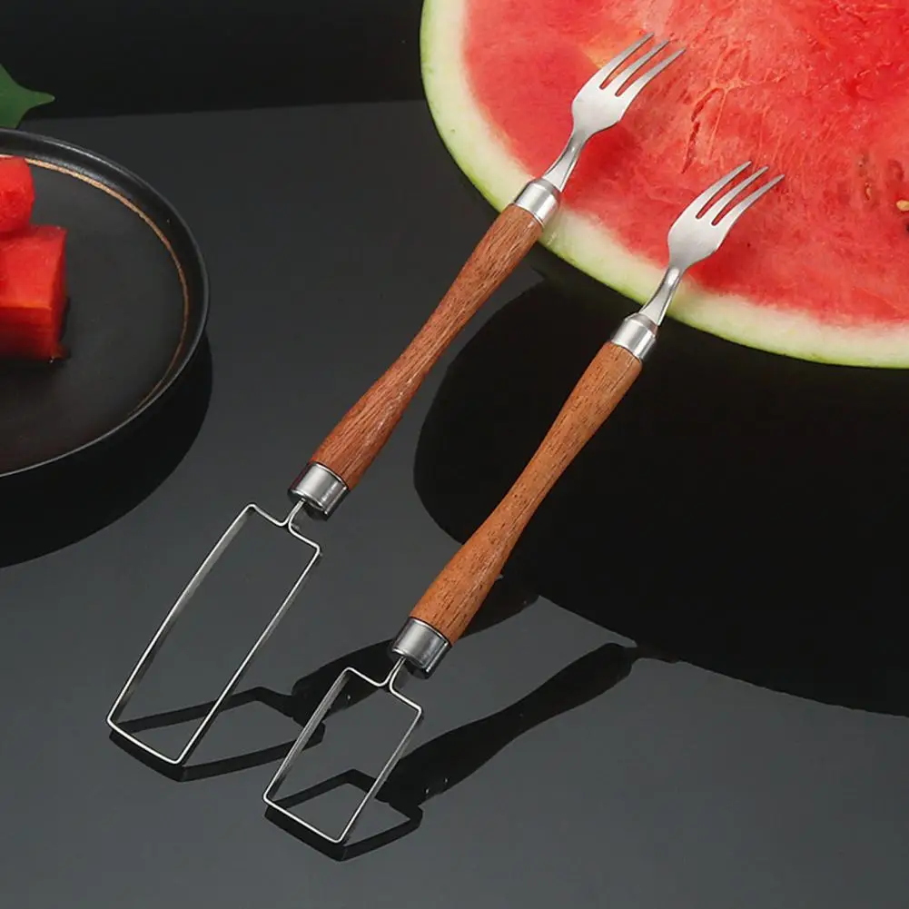 

Watermelon Slicer Fork Cutter Wooden Handle Fruit Carving Tool Smooth Edges Stainless Steel 2-in-1 Cutter Kitchen Accessories