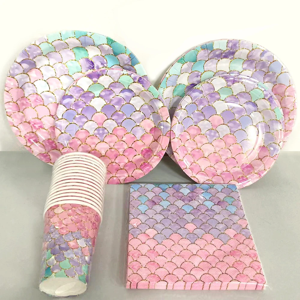 

Little Mermaid Disposable Tableware Set Mermaid Paper Plates Cups Napkins Tablecloth Girl Mermaid Birthday Party Decorations