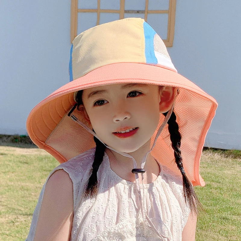Sommer Baby Sonnenhut mit Nackenklappe und breitem Riemen, Strandhüte, Kinder-Eimerhut, UV-Schutz, Panama-Kappe für Jungen und Mädchen_voghion.com