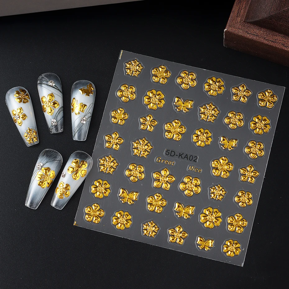 골드 플라워 네일 아트 스티커 데칼 글로시 크롬 블루밍 플로럴 나비 스티커 네일 슬라이더 디자인 네일 아트 데코레이션
