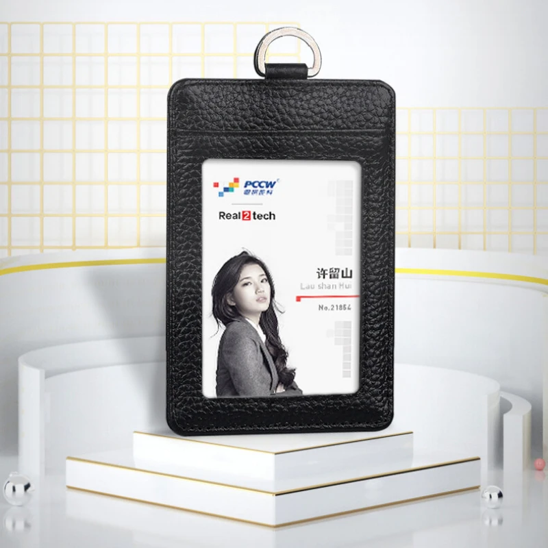 진짜 가죽 블랙 ID 카드 배지 홀더, 직장 허가증 명함 케이스, 끈 포함 사무용품, 신제품
