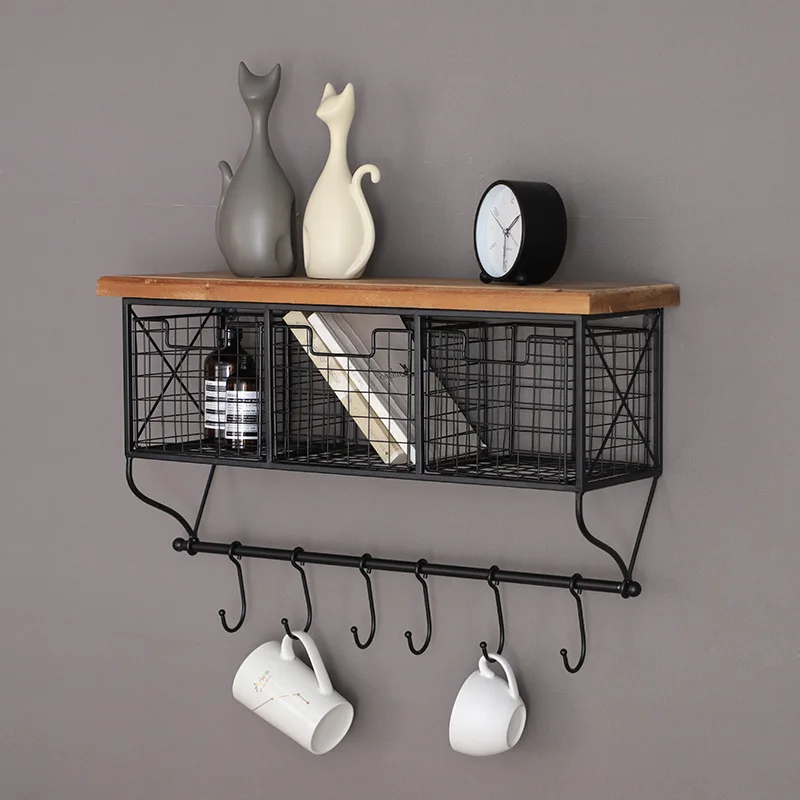 IndustrialWallMountedMetalWoodShelfwithWireBasketsHooks