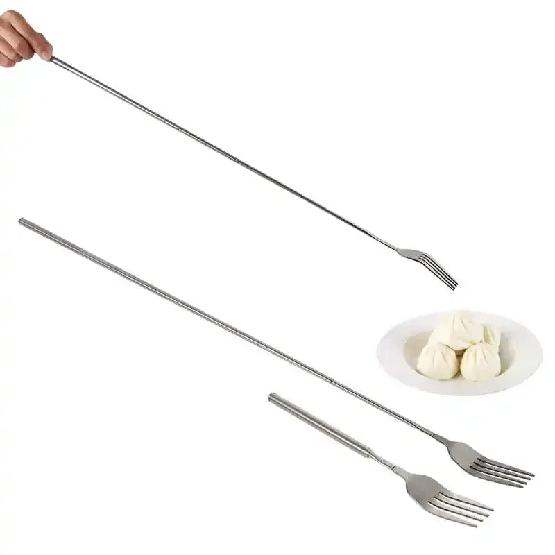 Retro Fork BBQ Telescopic Extendable Dinner Fruit Dessert Long Handle Fork Stainless Steel Cutlery Tableware Bento Box fruit fork expandable fork