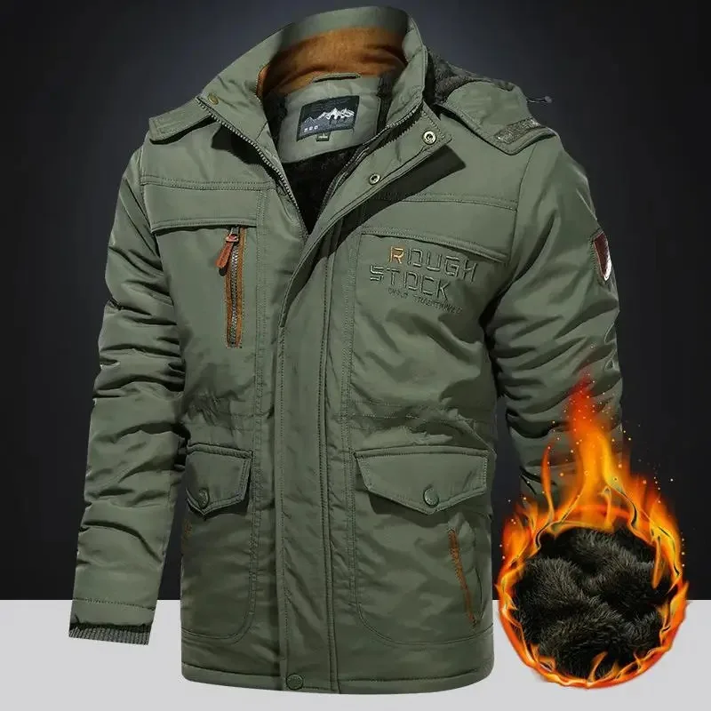 Men's Winter Jacket Fleece Linning Outdoor Parka Coat Hooded Windbreaker Thick Warm Outerwear Big Size 6XL Multi-pocket parka coat parkas coat
