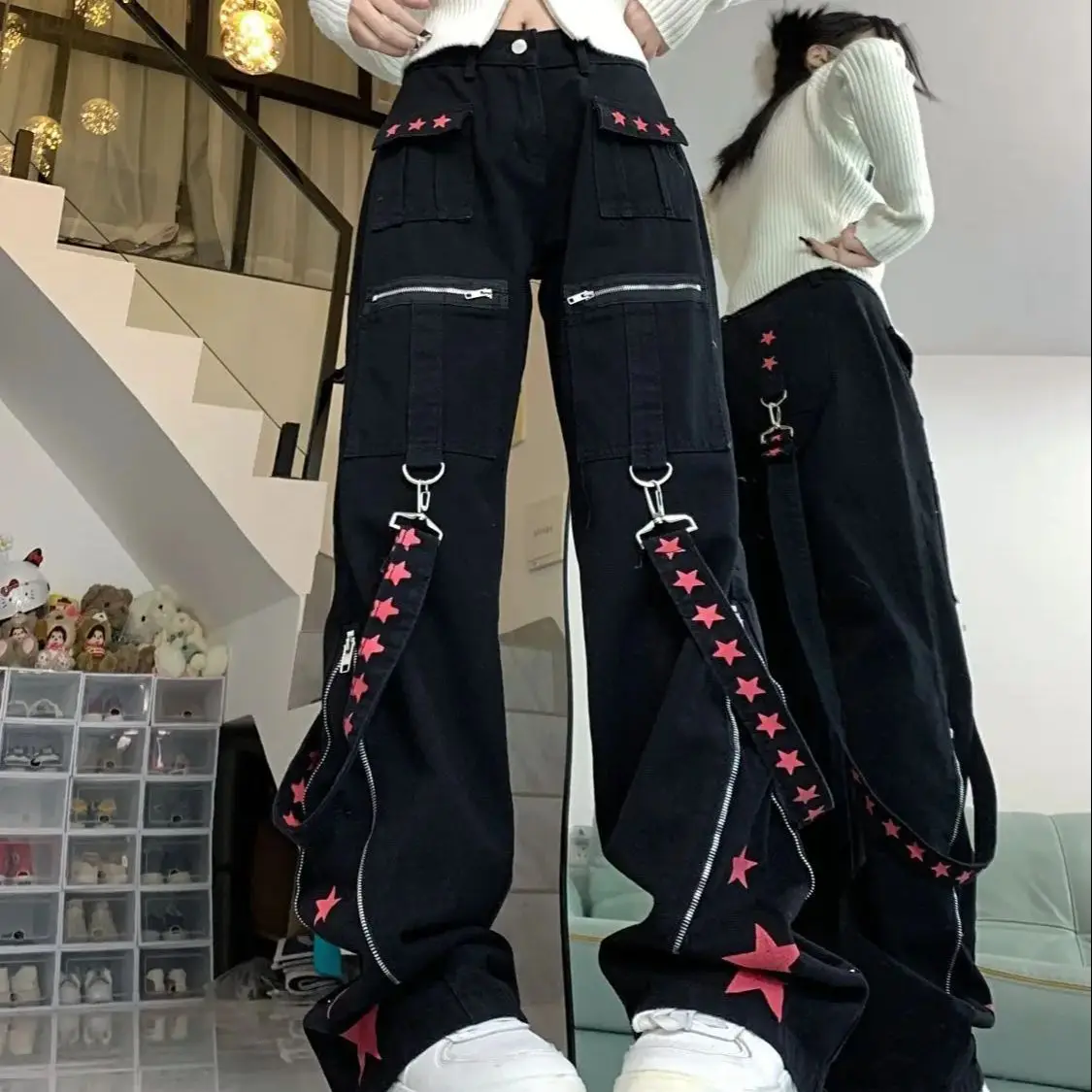 

Women Baggy Cargo Jeans Black Gothic Harajuku Vintage Y2k Denim Trousers Cowboy Pants 90s Aesthetic Trashy Emo 2000s Clothes New