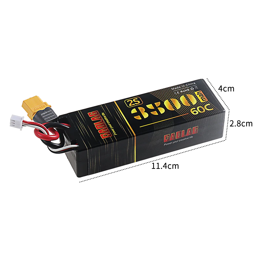 Vue de dessus de la batterie LiPo 7.4V 3500mAh 60C pour drone ou voiture RC