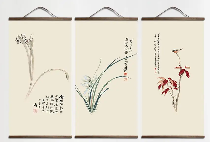 

chinese style landscape Green plants Art Canvas poster decoration painting with solid wood hanging scroll