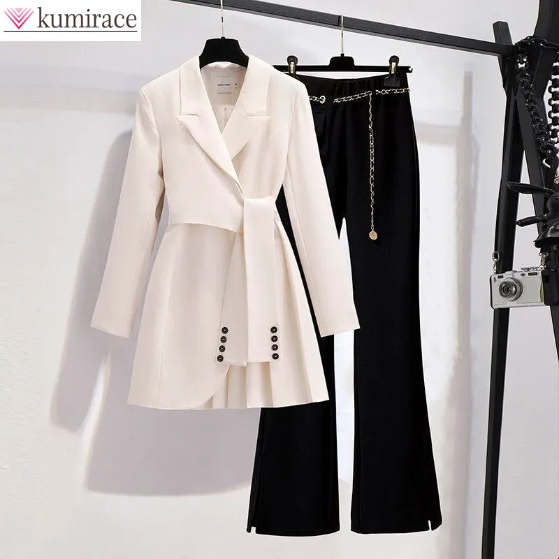 Spring new long sleeved trousers Lapel Leisure suit elegant button belt decorative women's coat pants two-piece set