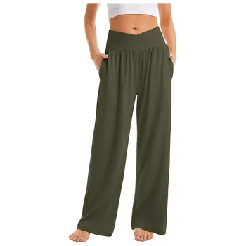 Women Cotton Linen Pants Summer Autumn Fashion Elastic Waist Loose Straight Pants Female Casual SolidColor Ankle-length Trousers 1