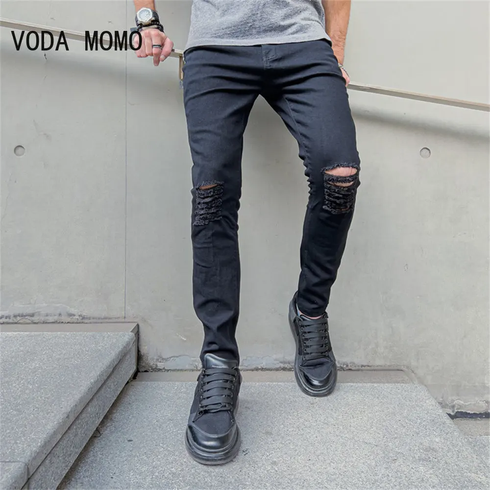 Fashion Street Style Jeans Skinny Strappati Da Uomo Vintage Wash Solid Denim Pantaloni Da Uomo Casual Slim Fit Pencil Denim Pants Vendita Calda