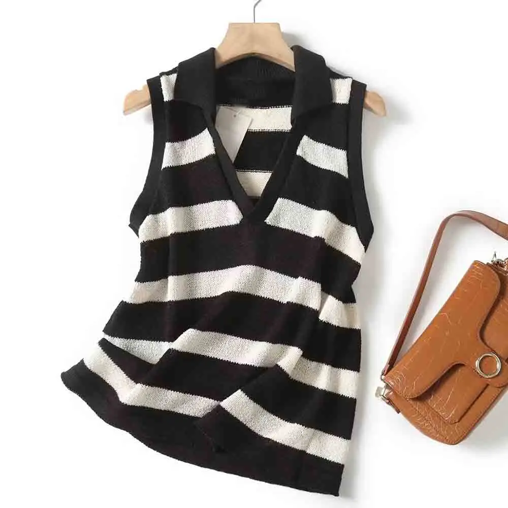 

Женский топ в полоску без рукавов, универсальный Повседневный Приталенный топ в винтажном стиле с V-образным вырезом, лето 2023