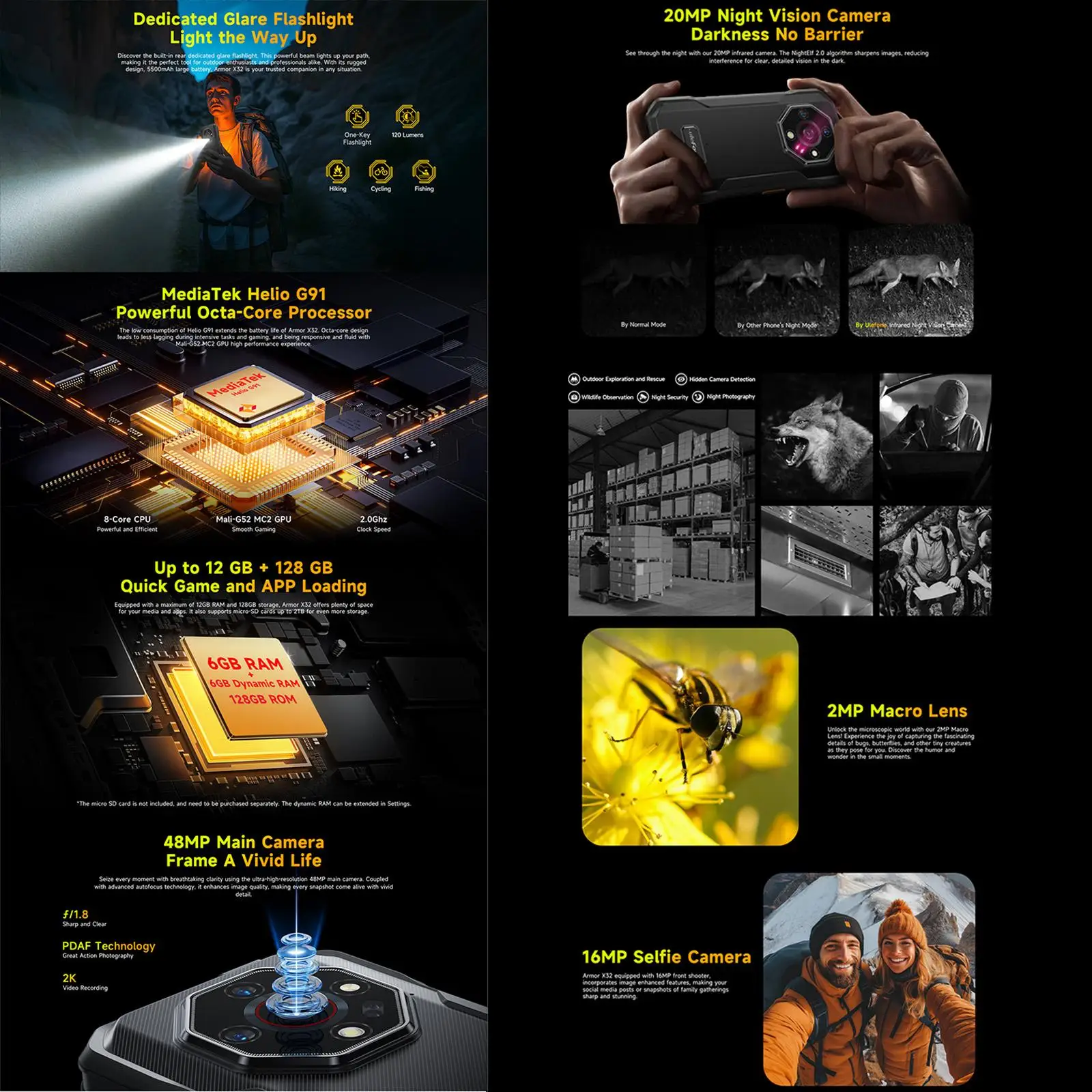 Ulefone Armor X32 Rugged Smartphone 5.65” 90Hz 6GB+128GB Helio G91 48MP Rear Camera 5500mAh Battery Night Vision Android 14 NFC