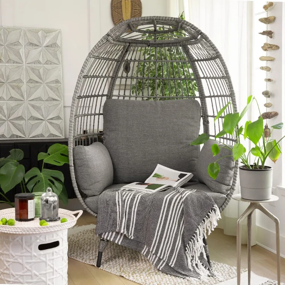 

2024 New Oversized Egg Wicker Chair, Canopy Stationary & Seat Cushions Patio Lounge Basket, Egg Chair Indoor Outdoor