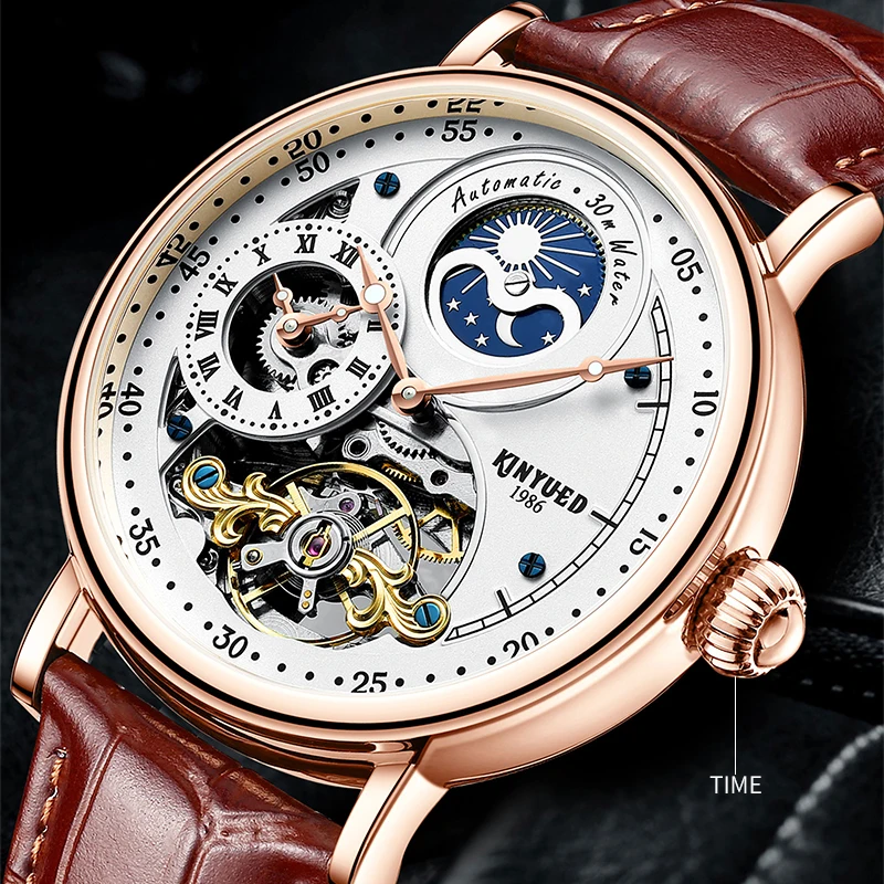 Kinyued Men's Skeleton Automatic Mechanical Watch Moon Phase Two Time Fashion Man Wrist Watches Waterproof Leather Strap Watch