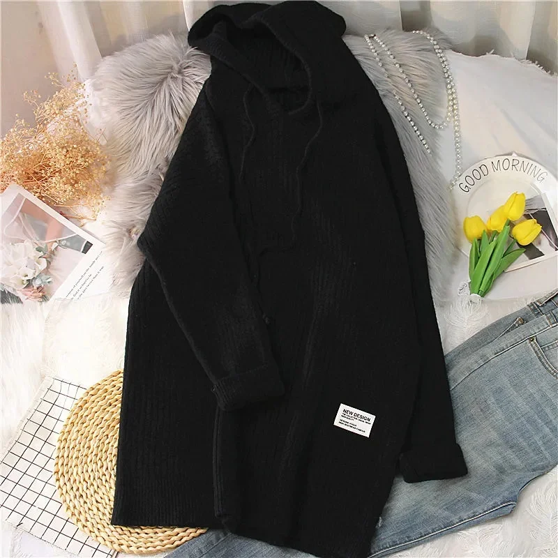 The New Fashion Solid Color Hooded Pullover Knit Sweater For Autumn/winter 2023 Women\'s Loose Medium Long And Thick Women\'s Wear