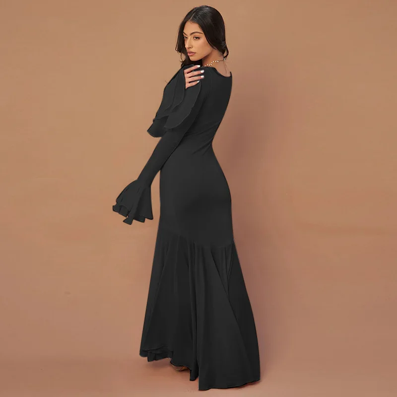 Vestido largo de fiesta con cuello cuadrado y volantes para mujer, ajustado, transparente, de cintura alta