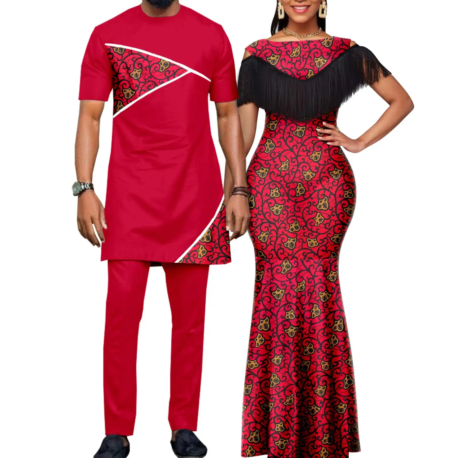 African Matching Outfit for Couples Bazin Riche Women Lace Long Dresses Men  Top and Pants Sets African Print Clothing A20C003