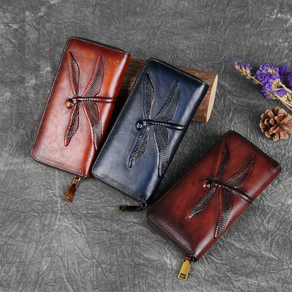 Women's Butterfly & Dragonfly PU Leather Long Wallet - Large Capacity With Card Slots & Zip