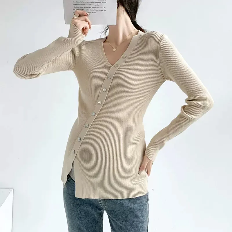 Korean Style Maternity Sweater Early Autumn New Irregular V-neck Unique All-match High Elastic Inner Sweater Pregnant Clothes