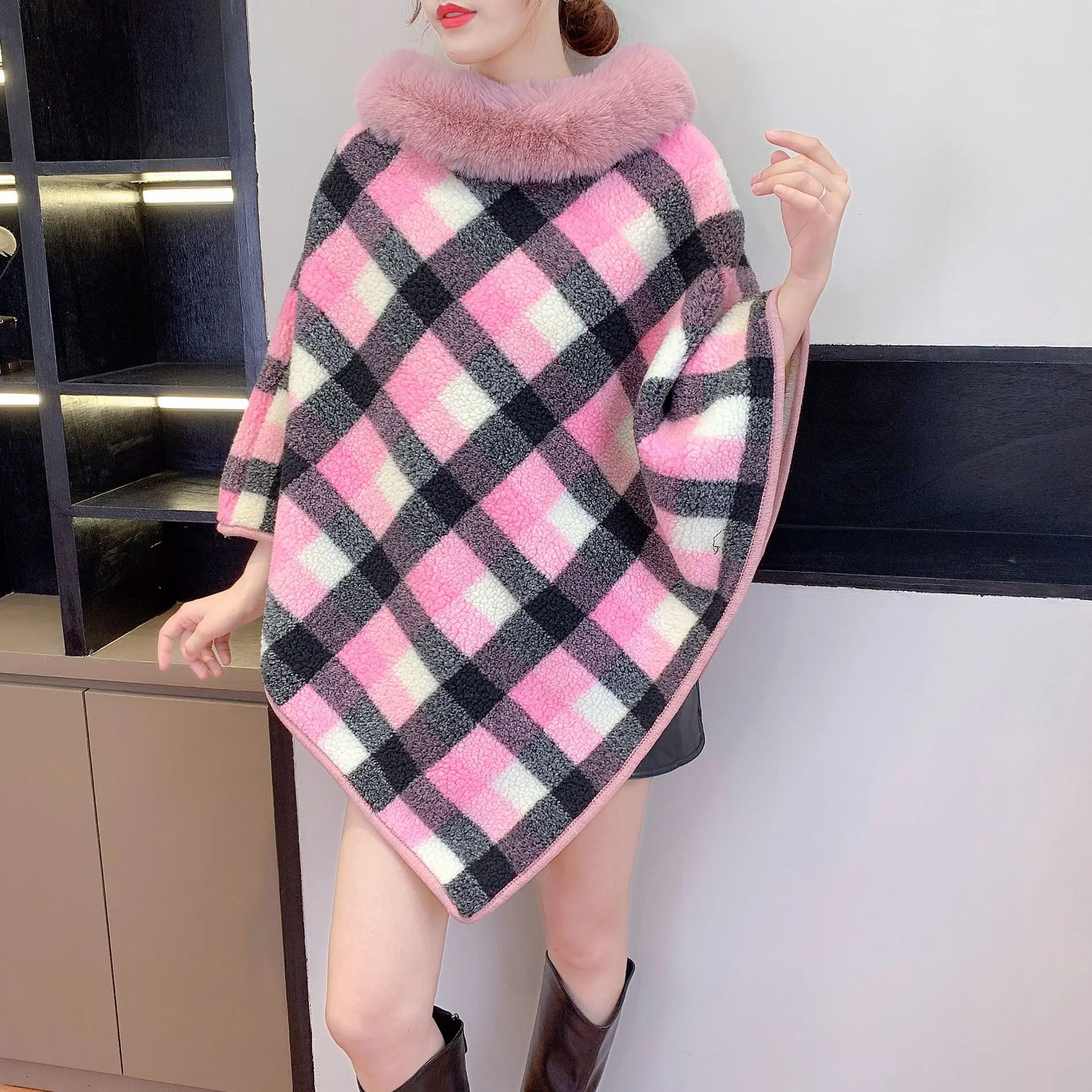 5 Colors Winter Warm Faux Lamb Wool Soft Poncho Loose Cloak Women Thicken Streetwear Shawl Capes Striped Triangle Pullover Coat
