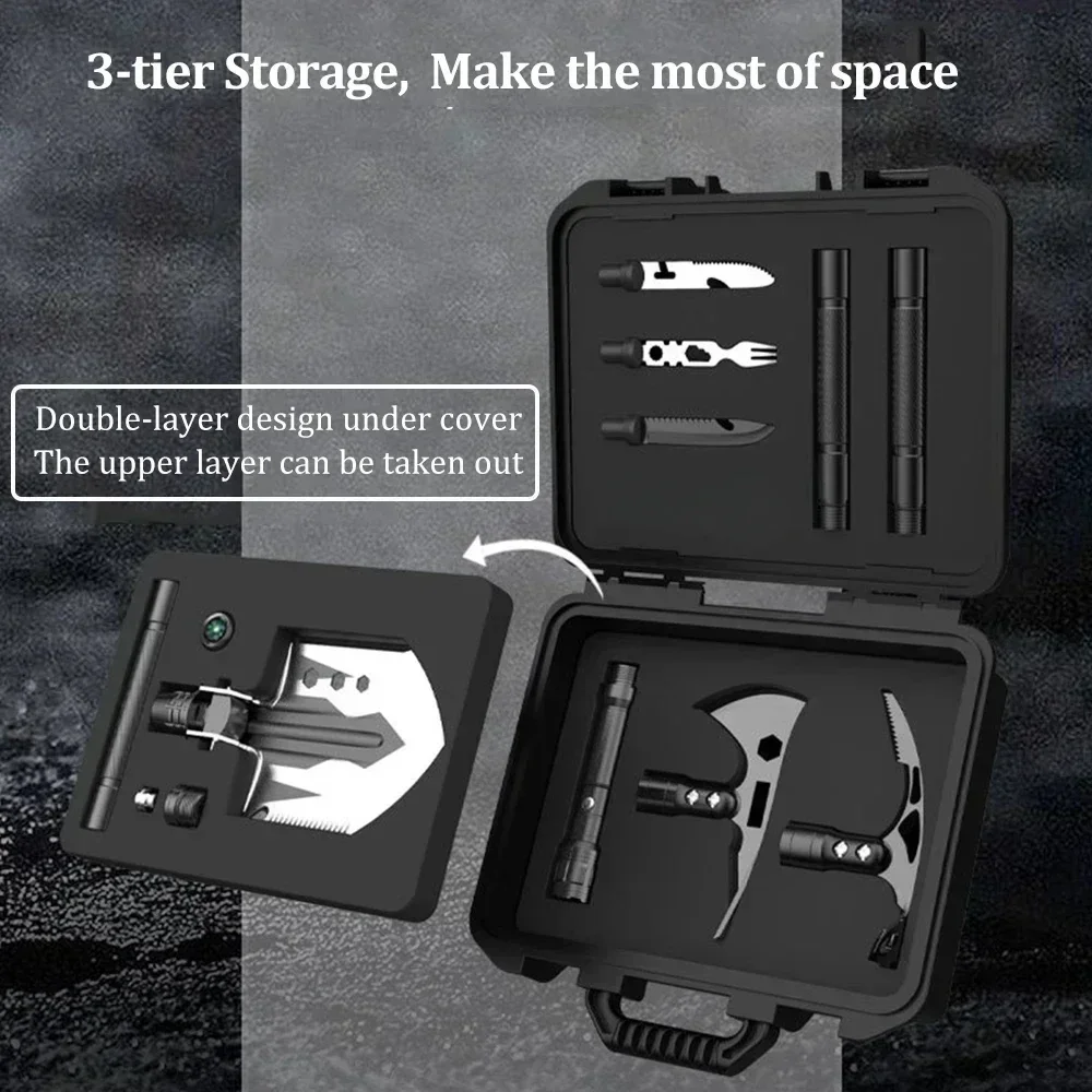 Multipurpose Military Shovel for Outdoor Survival Multipurpose Axe Pickaxe Shovel Compass & Flashlight Outdoor Camping Tools Set 2