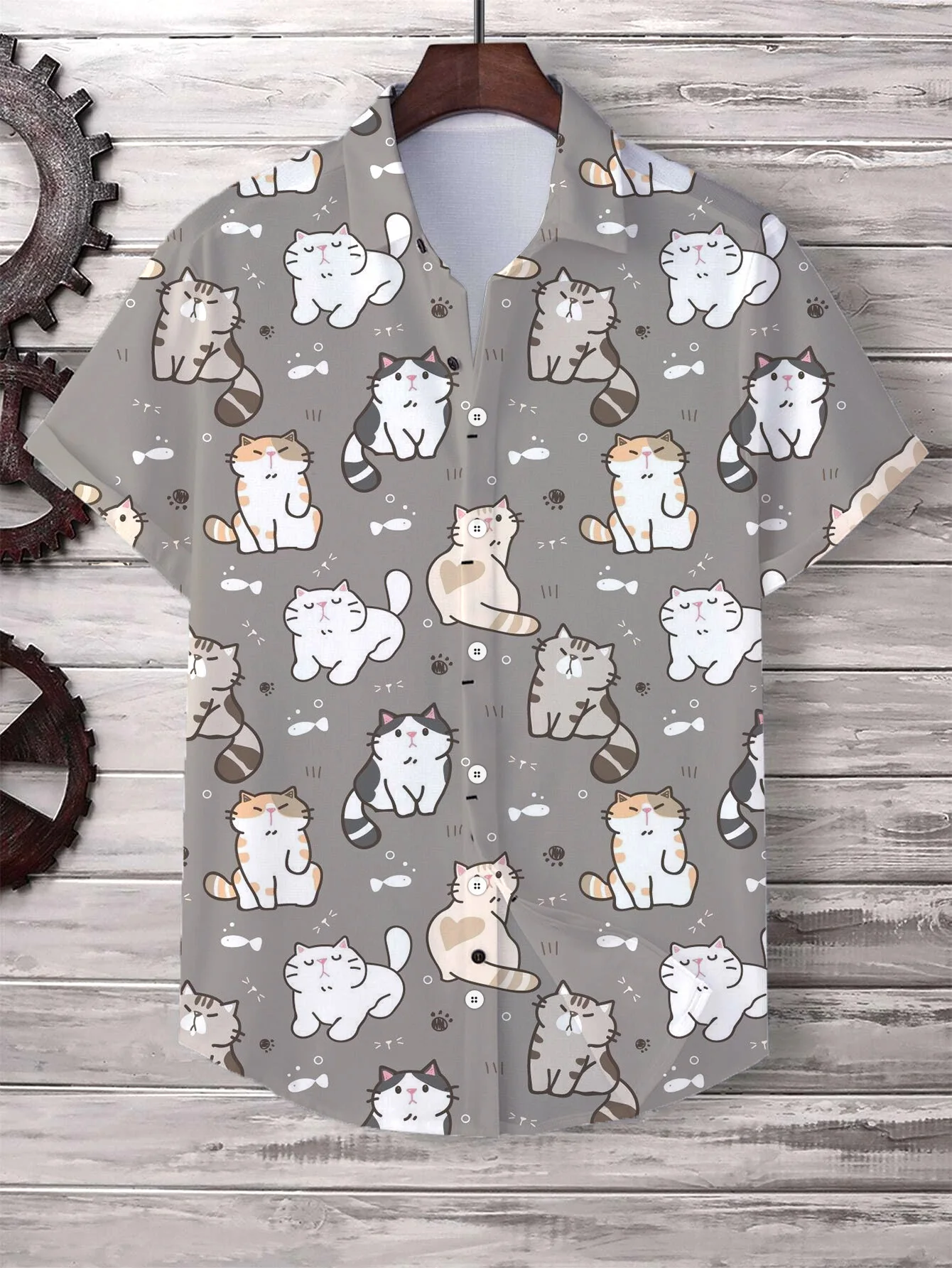 Hawaii Men's Shirt Cute Cartoon Cat 3D Printed Tops Casual Women Short Sleeves Shirts Button Lapel Oversized Unisex Clothing 2