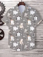 Hawaii Men's Shirt Cute Cartoon Cat 3D Printed Tops Casual Women Short Sleeves Shirts Button Lapel Oversized Unisex Clothing 2