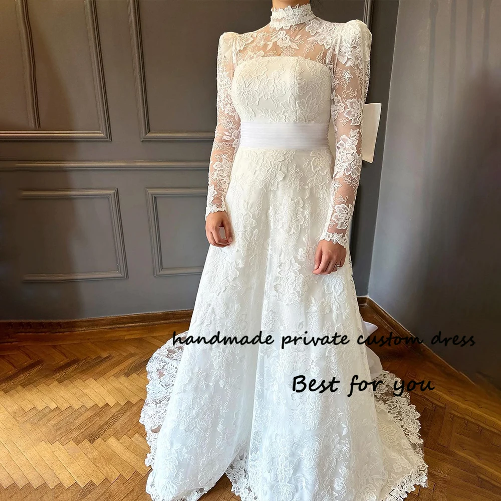 

Luxury Wedding Dresses for Bride Long Sleeve High Neck Bride Dress with Train Beach Elopement Wedding Gowns 2024