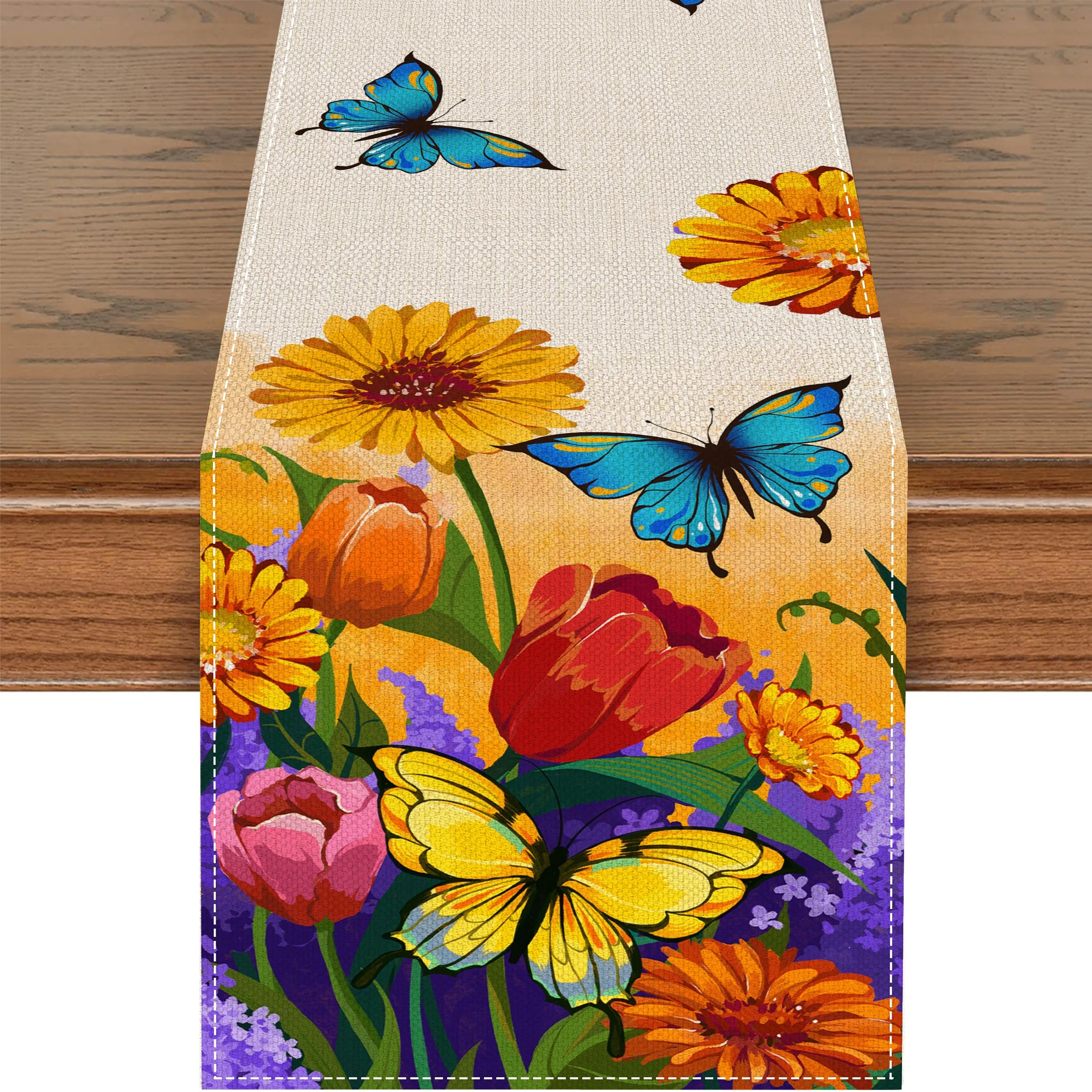 

Sunflower Butterfly Colorful Printed Linen Table Runners Spring Theme Seasonal Kitchen Dining Table Decor Wedding Party Decor