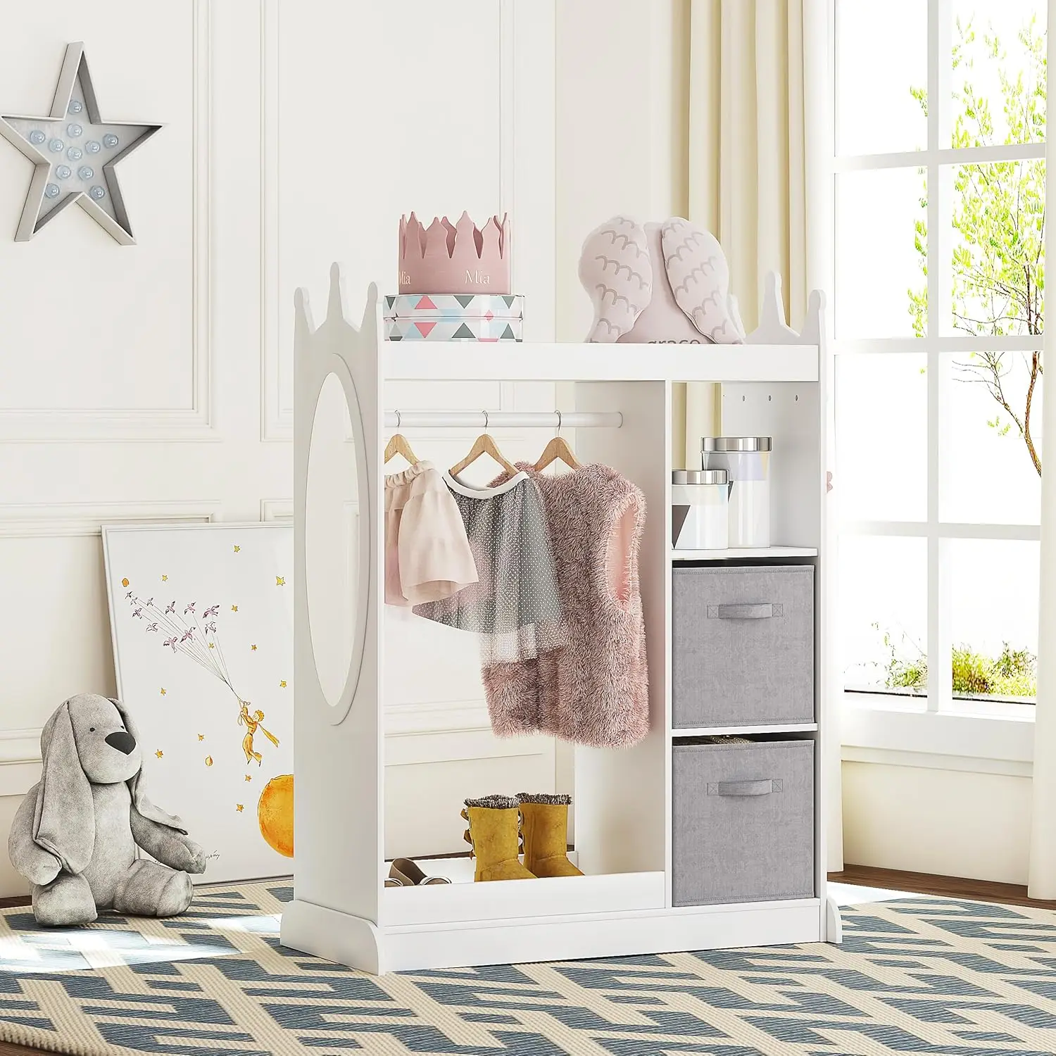 Kids Play Armoire with Mirror, Storage Bins and Closet for Dress Up and Costumes (White) 5
