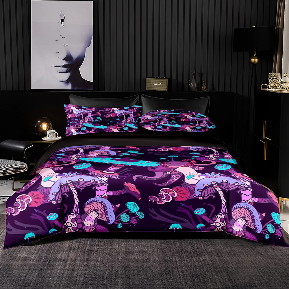 Purple Pink Bedding Set Magic Mushroom Pattern Duvet Cover Set With 12