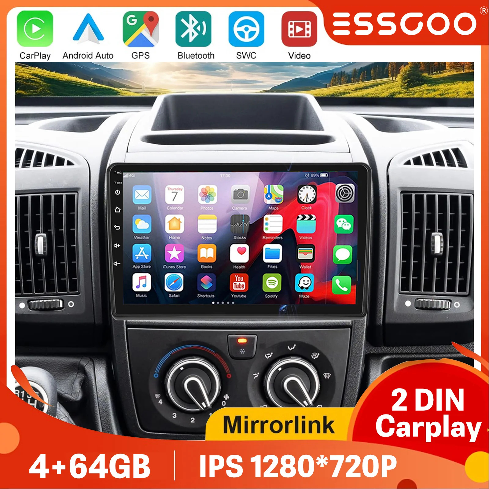 Radio de coche de 9 pulgadas 6GB+128GB para Fiat Ducato, Citroën Jumper, Peugeot Boxer 2006-2024, Carplay inalámbrico, Android Auto, multimedia para coche, GPS, Bluetooth, 2Din ESSGOO 1
